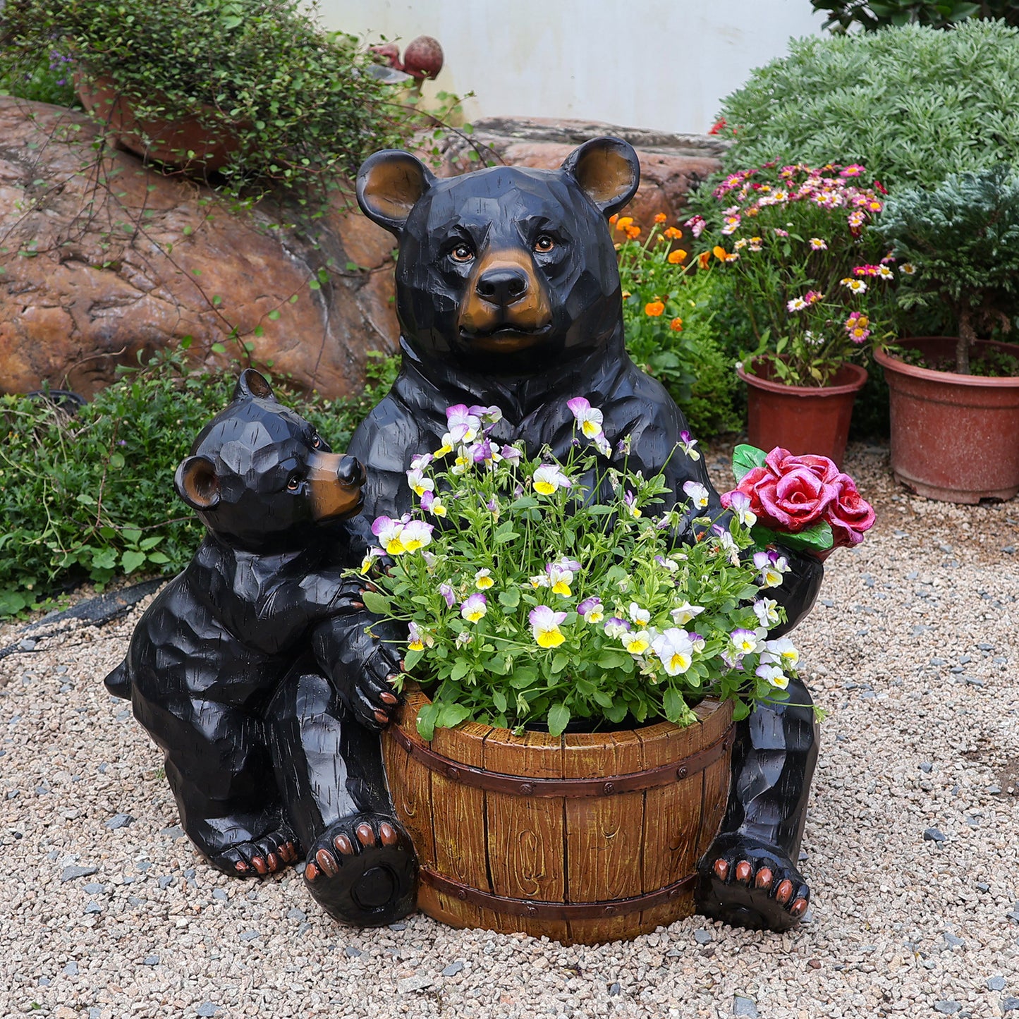 Outdoor Garden Sculpture Bear Flower Pot Planter - Unique Yard Statue Decoration, Interesting Law Outdoor Ornament