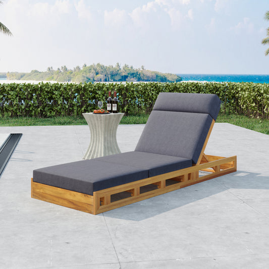 LOUNGE CHAISE SET WITH HEADREST, ACACIA WOOD WITH WATER-RESISTANT LOUNGE CUSHIONS (DARK GREY & 3-FOLD & 4 inch) - MATCHING CREAM/BEIGE VERSION AVAILABLE