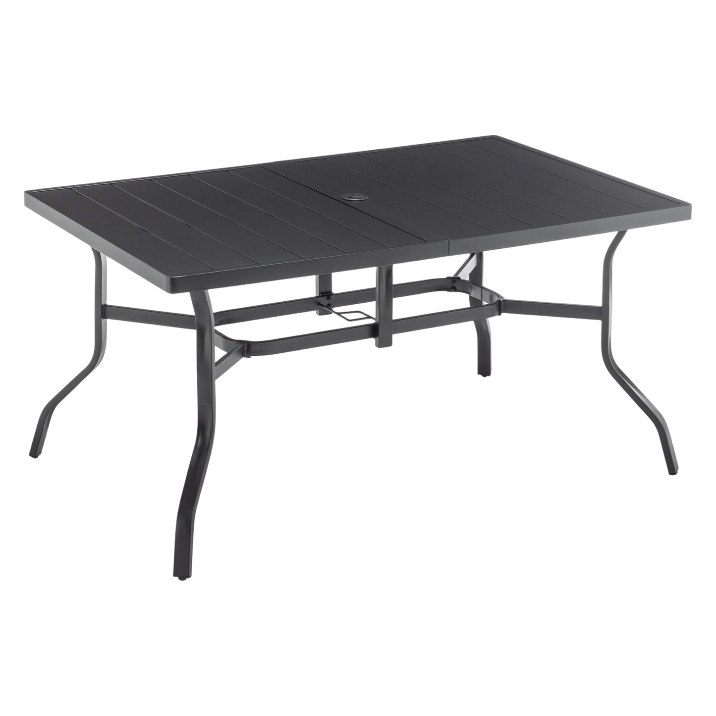 Outdoor Dining Table for 6, Powder-Coated Steel Slat Top with 2.16" Umbrella Hole, Anti-Slip Pads, E-Coating Frame, All-Weather Black Patio Table for Garden, Poolside, Backyard