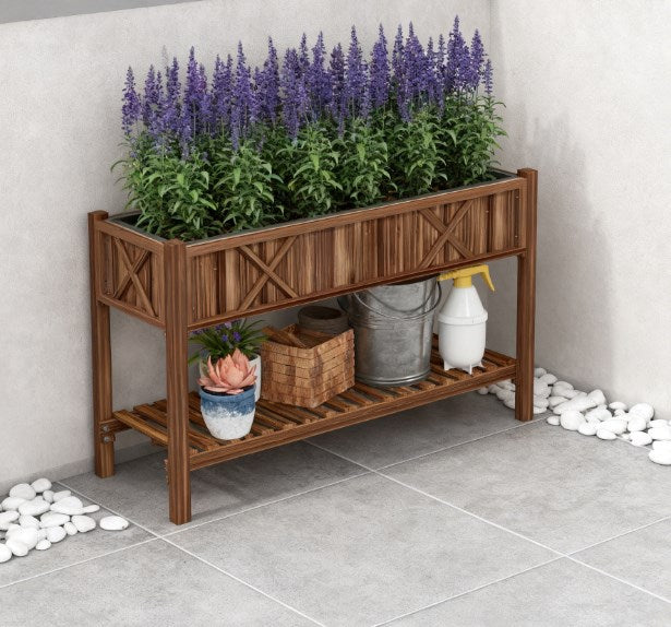 Dual-Tier Raised Garden Bed,Elevated Wood Planter Box,with Storage Shelf,Drainage Holes,and Liner