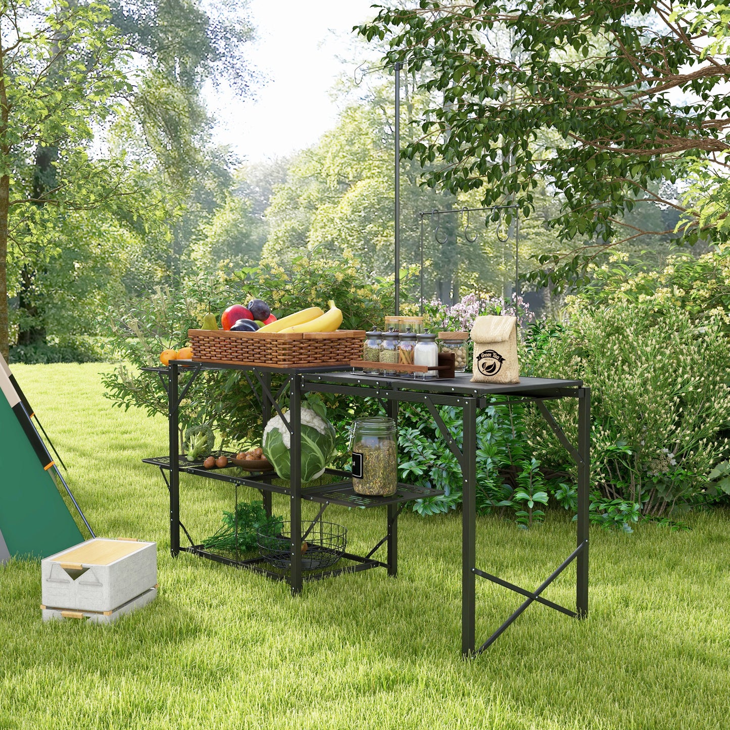 Outsunny Folding Camp Kitchen Table, Portable Camping Cooking Station with Adjustable Lantern Holder, Hanging Hooks and Carrying Bag for Outdoor Picnic Beach BBQ Traveling