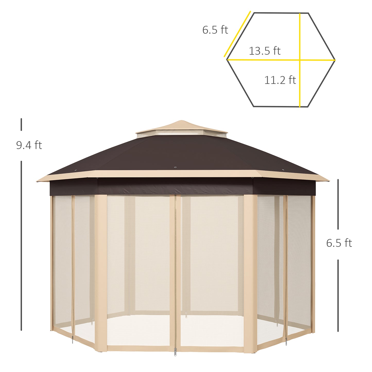 Outsunny 13' x 13' Pop Up Gazebo, Hexagonal Canopy Shelter with 6 Zippered Mesh Netting, Event Tent with Strong Steel Frame for Patio, Backyard, Garden, Wedding, Party, Beige