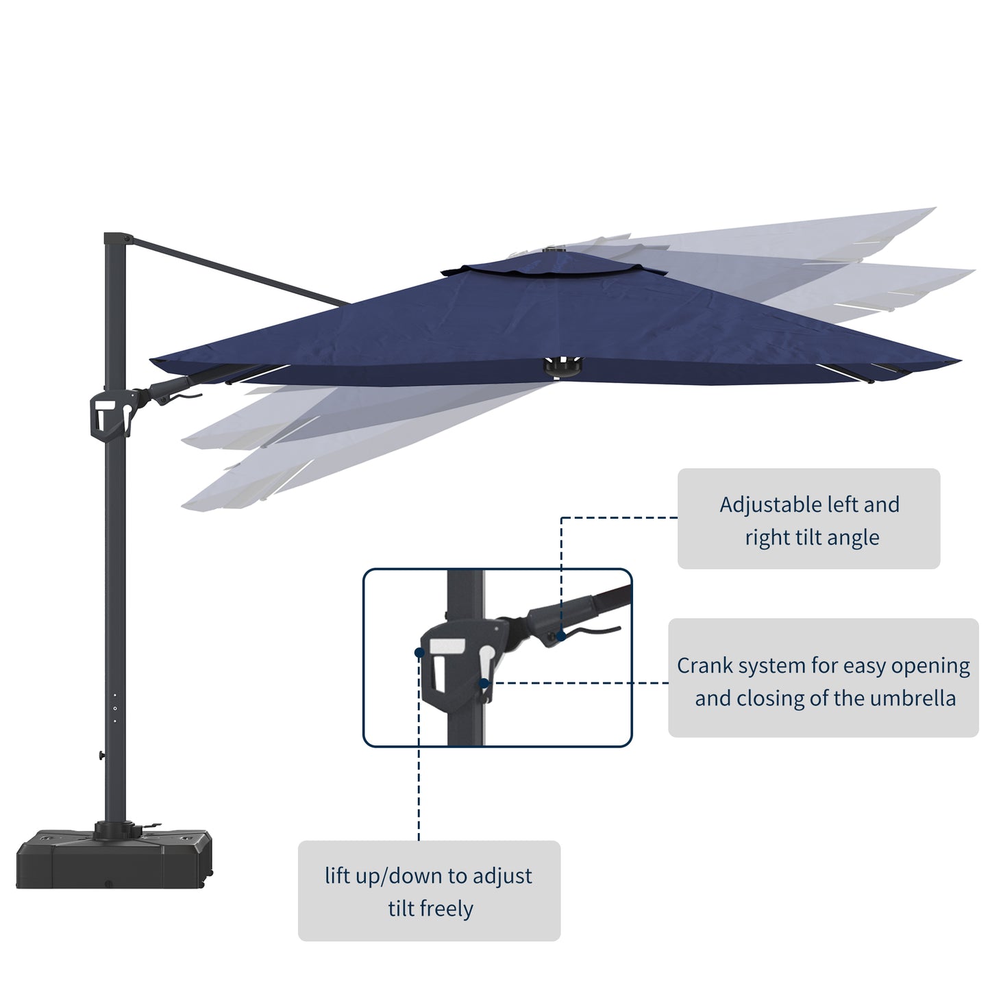 11FT Square Cantilever Patio Umbrella with LED Light in Navy Blue(without Umbrella Base)