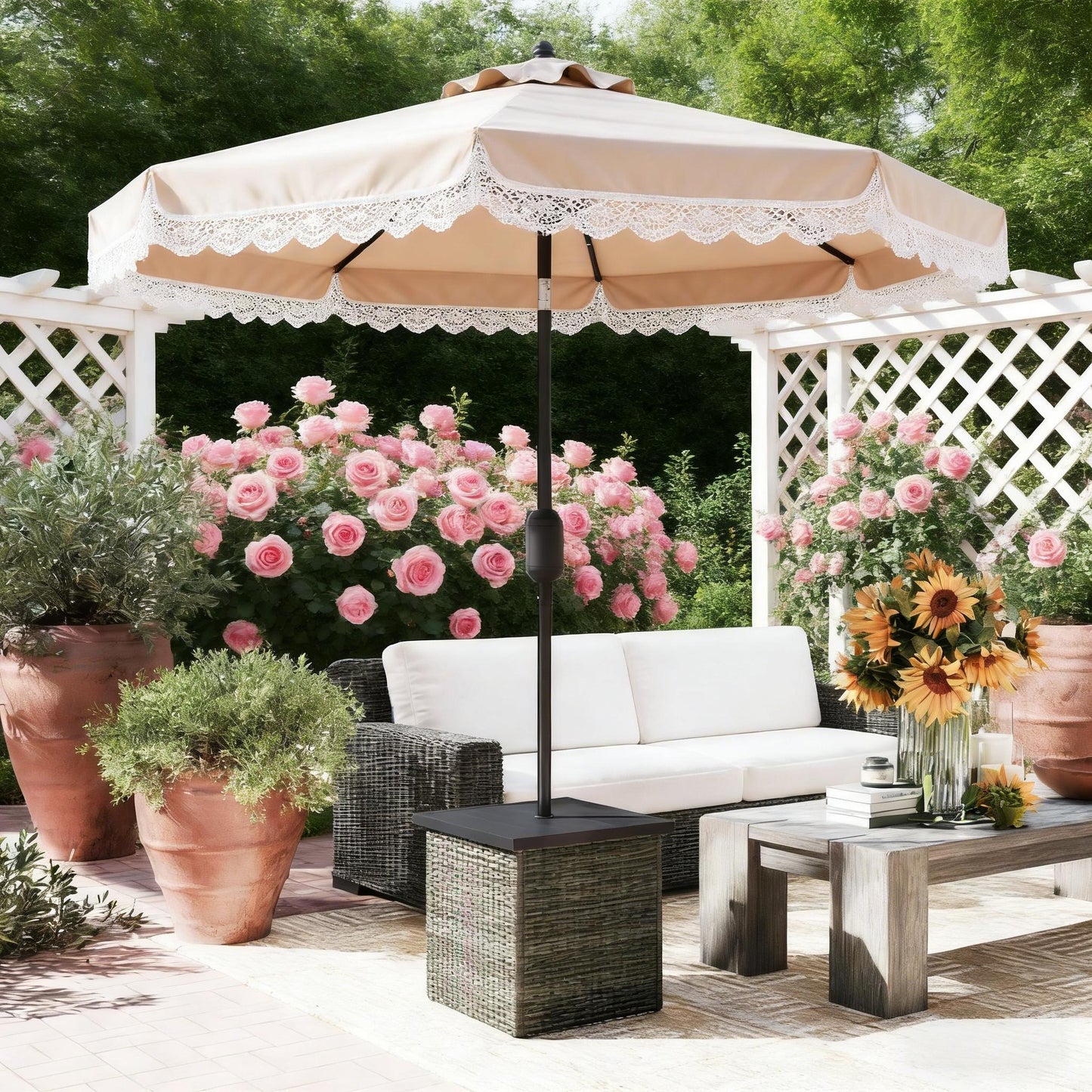 Square Outdoor End Table,Wicker Side Table with Umbrella Hole