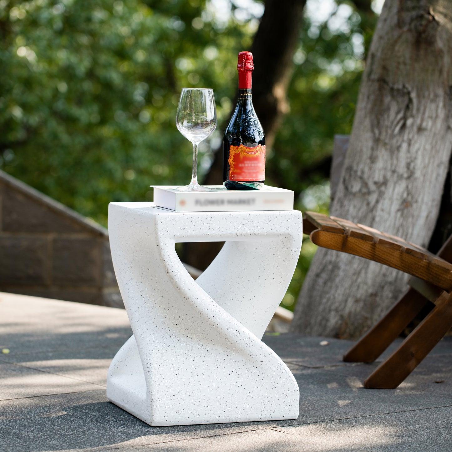 Outdoor White Marble Modern Twisted-Base Terrazzo-Speckled All-Weather MGO Side Table – Indoor End Table for Home, Office & Patio Decor