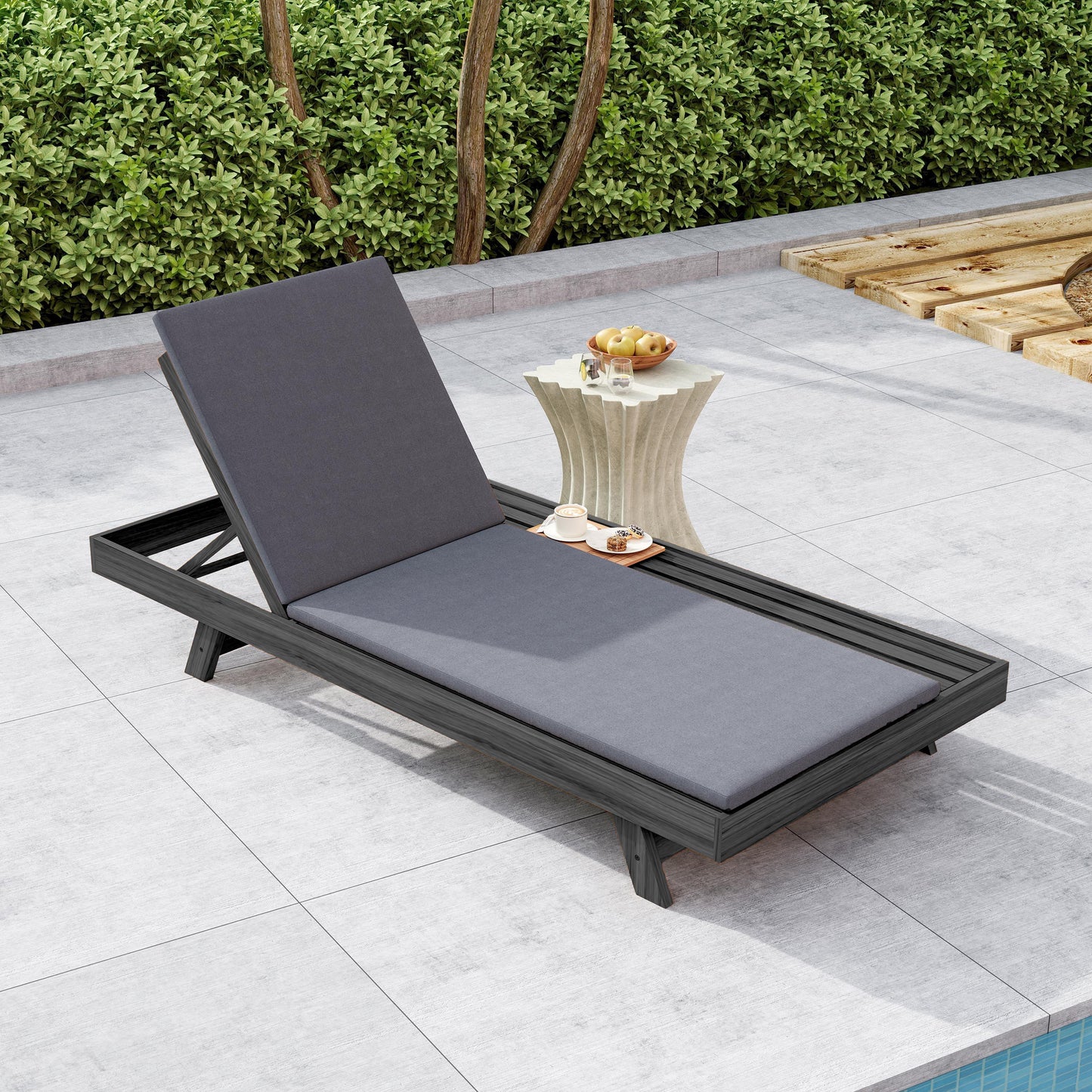Lounge Chaise Set, Space Available On One Side, Acacia Wood In Black With Water-Resistant Lounge Cushions (Dark Grey & 2 Inch Thick) – Matching Cream/Leaf Coconut Version Available
