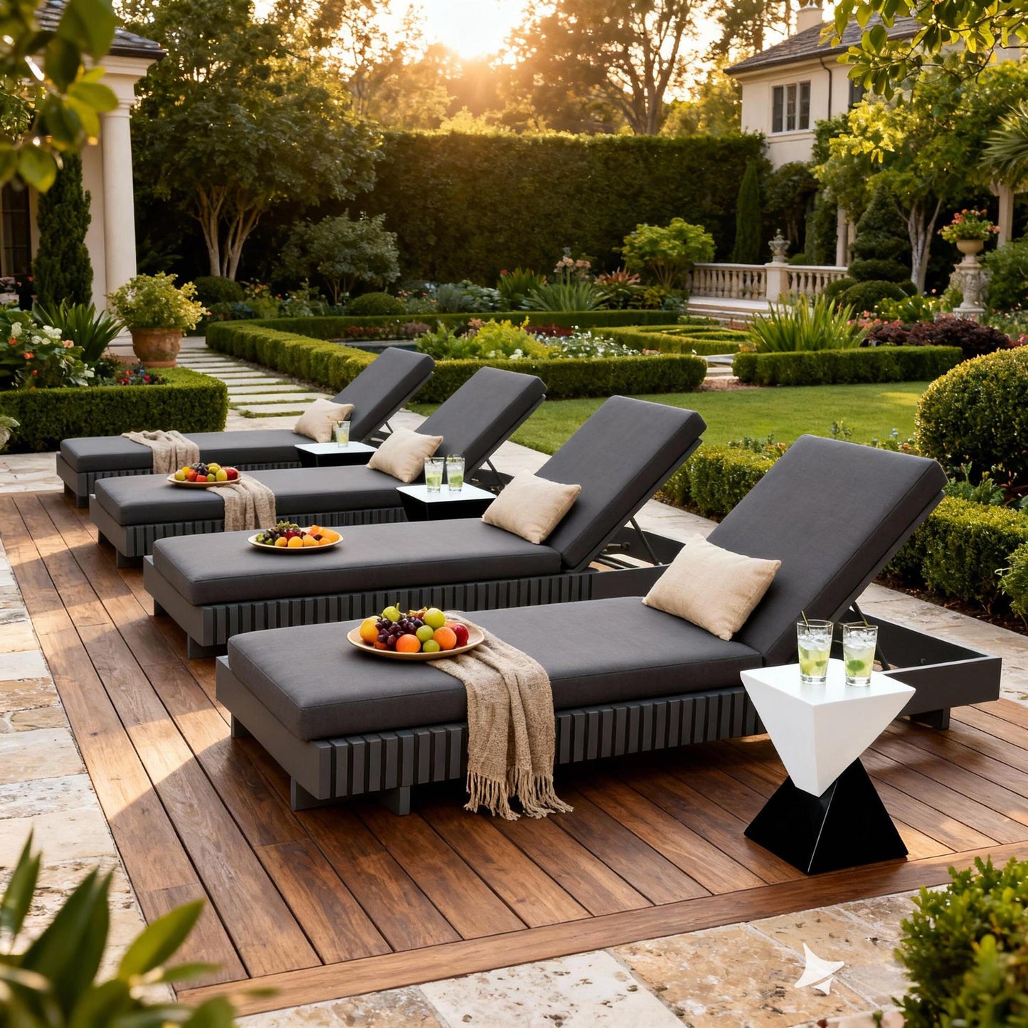 Dark Grey Acacia Solid Wood Outdoor Chaise Lounge with Dark Grey Water-Repellent Cushion, 400lbs Capacity, Modern Patio Sun Lounger for Garden, Poolside