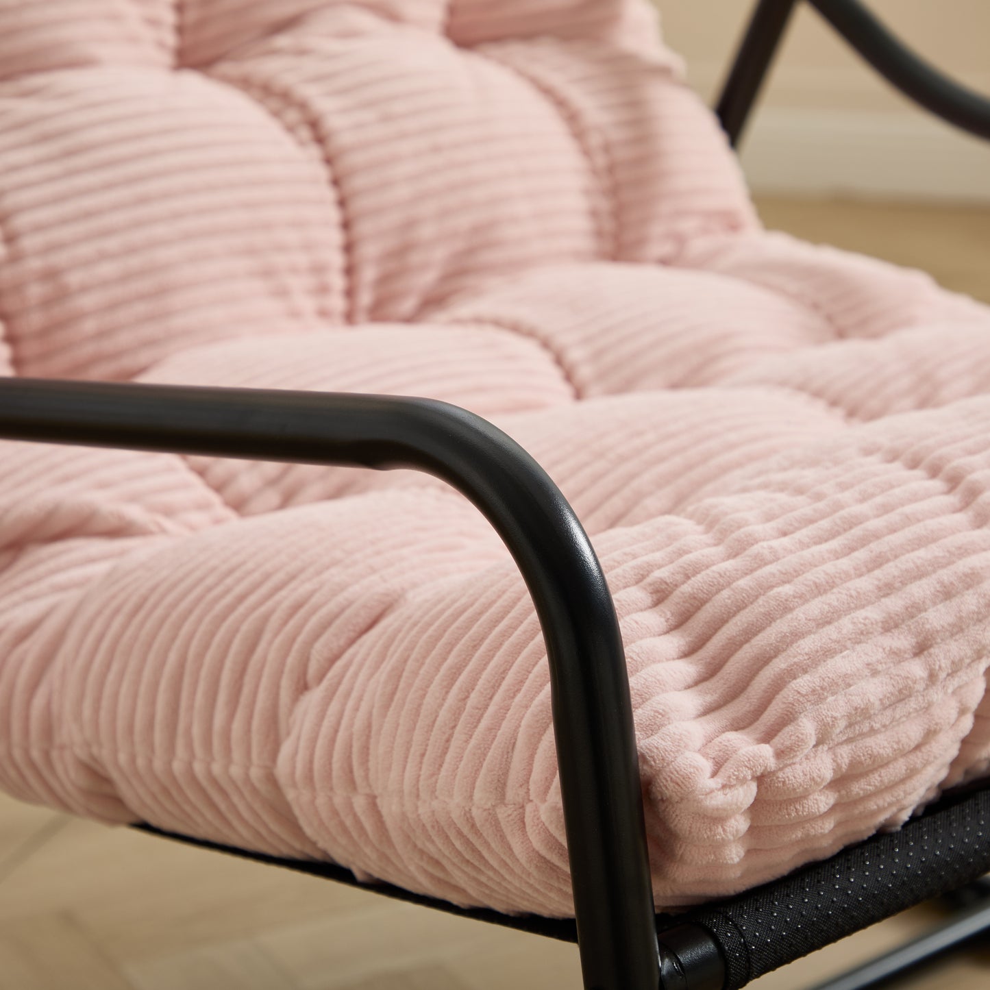Outdoor Rocking Chair, Comfy Cushion, with Soft Thick Cushion,for Living Room, Bedroom, Reading Room, Black Frame with Pink Cushion