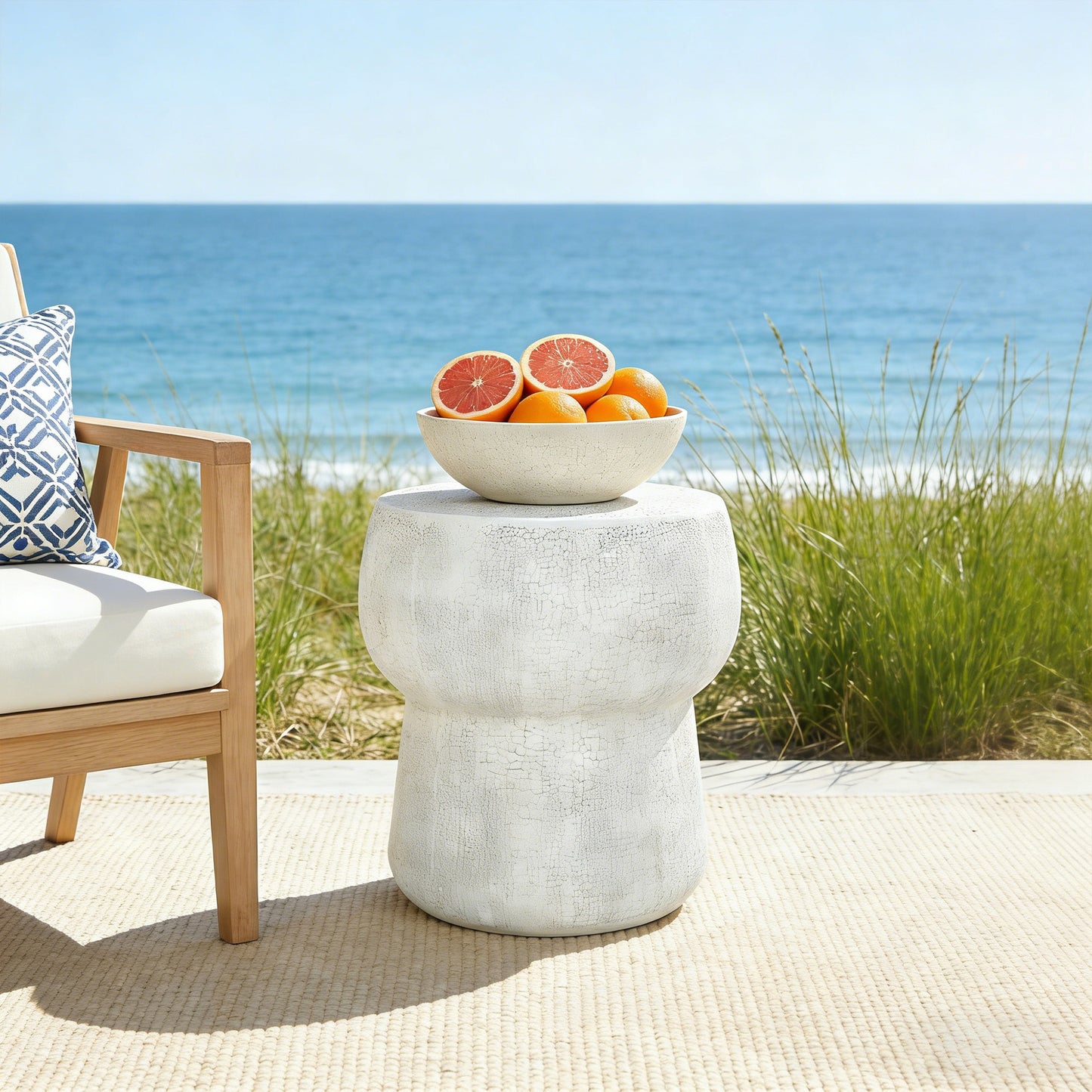 U_Style Outdoor Patio Accent Table with Crack process , Morden Concrete coffee Table with Double Barrel Shape Outdoor Side Table, Garden Stoolsl  for Patio,Garden, Backyard.