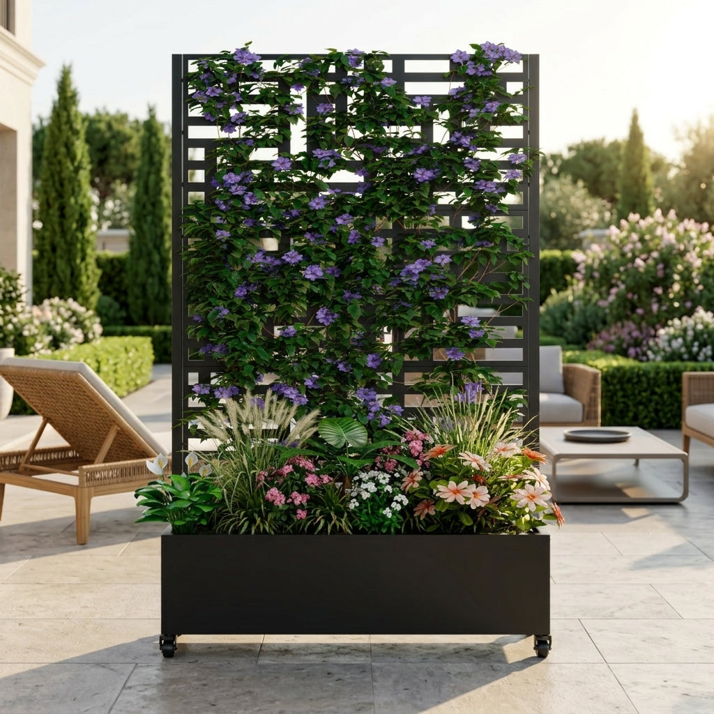 Metal Planter Box with Trellis,  73"x47"x16" Metal Raised Garden Bed with Trellis, Metal Planter Box with Drainage Holes & Lockable Wheels & Privacy Screen for Climbing Plants, Vegetables, Vines