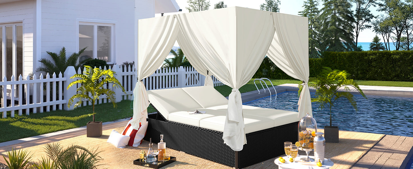 U_STYLE Outdoor Double Chaise Lounge Daybed with Curtains,Patio Outdoor Sunbed with Adjustable Backrest, Sturdy Steel Frame Loveseat Sofa for Backyard,Poolside, Terrace