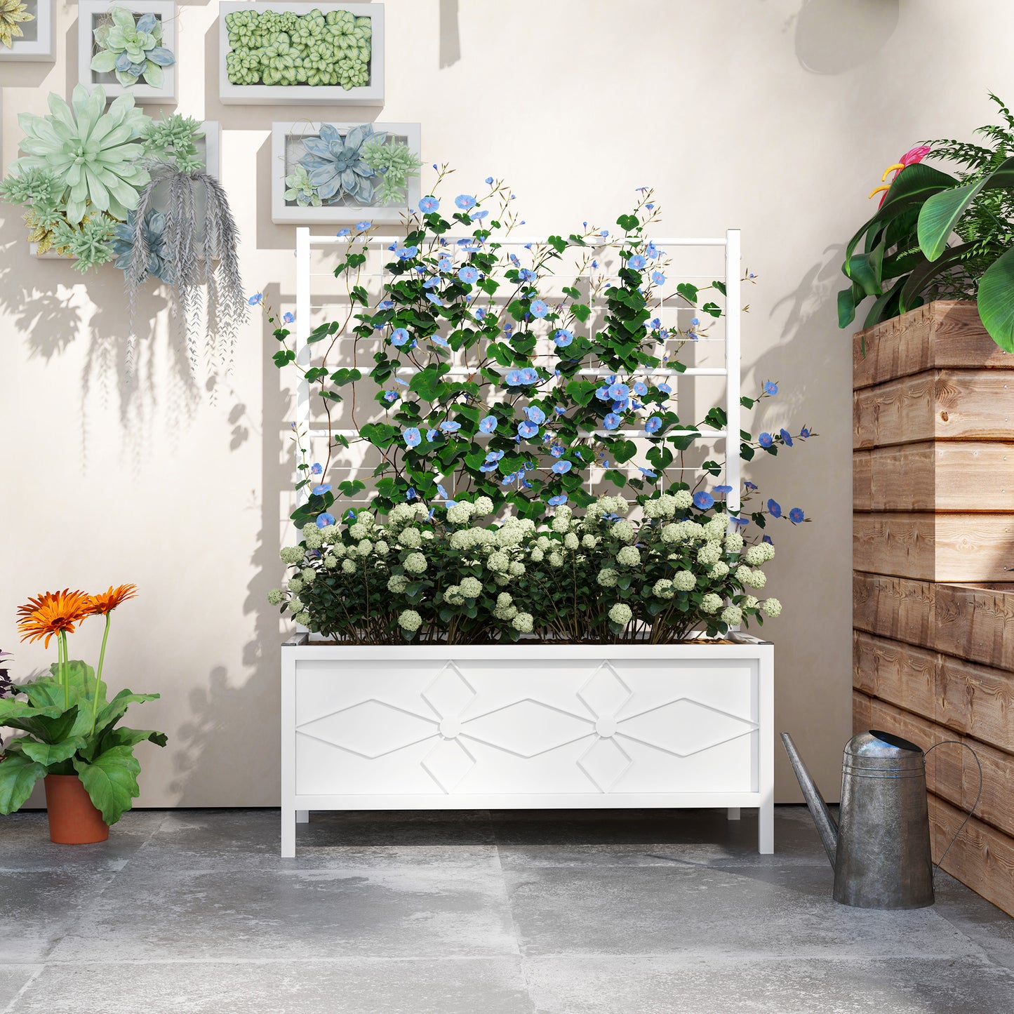 Outsunny Galvanized Raised Garden Bed with Trellis for Climbing Vines Vegetables Flowers, Outdoor Planter Box, 35.4" x 15.7" x 47.2", White
