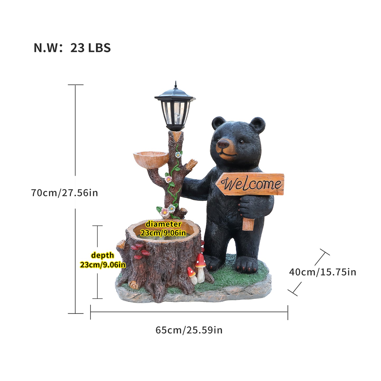 Decorative Standing Black Bear Garden Planter with Solar-Powered Lantern - Polyresin Bear Figurine and Flower Pot for Outdoor Lawn & Yard Decor