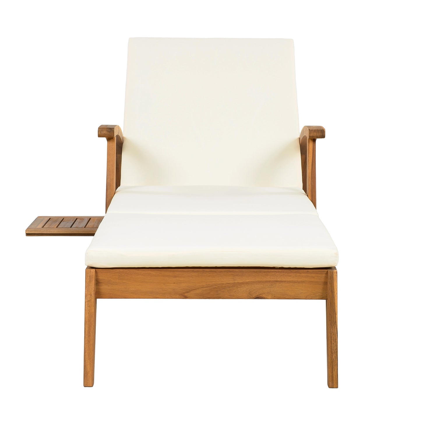 CHAISE LOUNGE WITH WHEEL - ACACIA WOOD RECLINER FOR PATIO/GARDEN, WITH 2INCH WHITE CUSHION, 4-POSITION ADJUSTABLE BACKREST, VERSATILE OUTDOOR FURNITURE