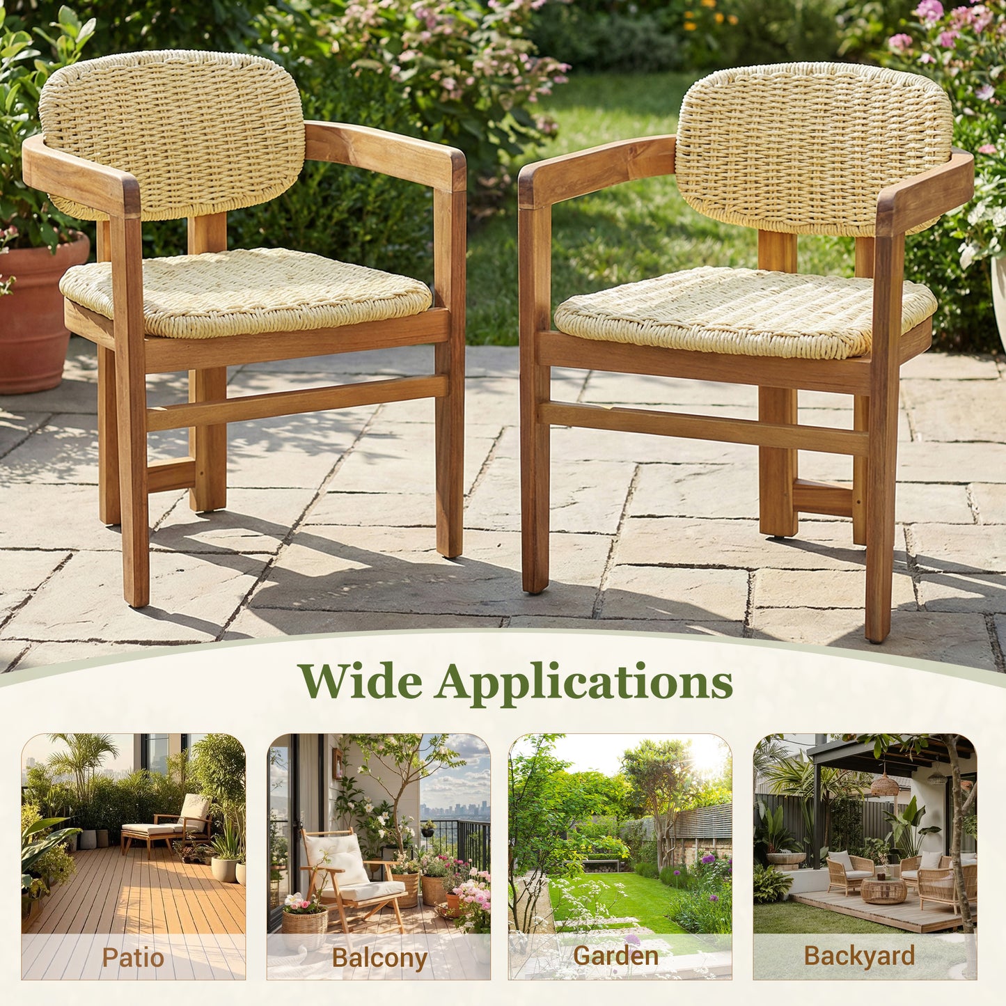 Outdoor Woven Rattan Chair Set Two Accent Chairs Stylish Outdoor Armchairs 2 Person Seating Group Ergonomic Garden Chairs for Patio, Outdoor, Teak Finish+Natural Rattan
