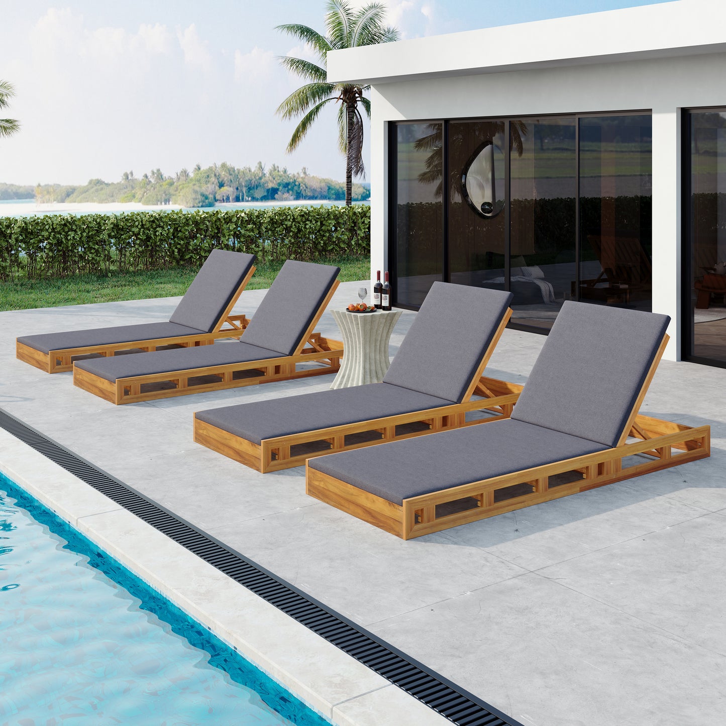 LOUNGE CHAISE SET,ACACIA WOOD WITH WATER-RESISTANT LOUNGE CUSHIONS (Dark Grey/ & 2 INCH THICK) - MATCHING CREAM/LEAF COCONUT VERSION AVAILABLE