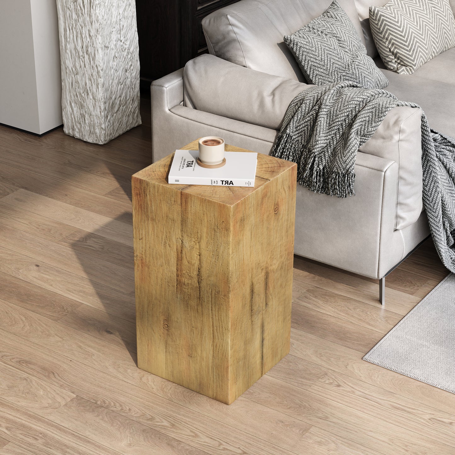 Wood-Look Square-Column MGO End Table,  H27.75",Wood-Like Distressed Finish, Mix with Different Heights, Indoor Outdoor Use,Natural Color