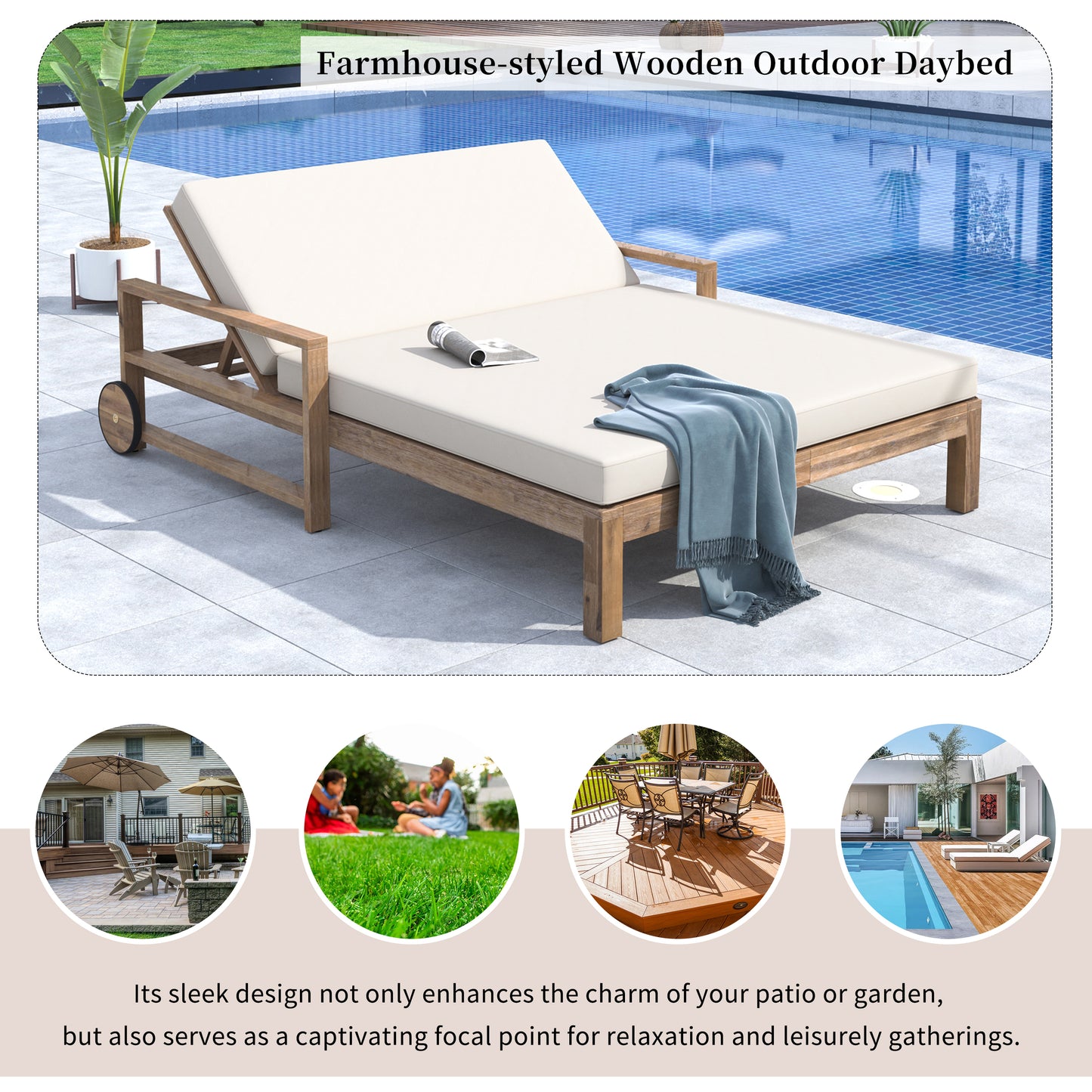 TREXM 1-Piece Farmhouse-styled Wooden Outdoor Sunbed for Ultimate Relaxation Outdoor Daybed Seating 2 People for Poolside, Garden and Backyard (Beige)