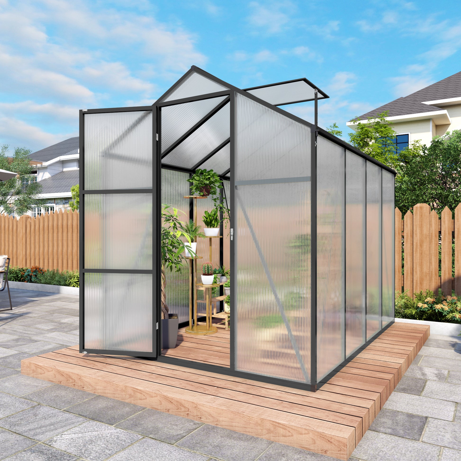 6x8FT Walk-in Outdoor Greenhouse - Polycarbonate Garden Greenhouse with Sturdy Aluminum Frame, Adjustable Vents, Lockable Door & UV Protection for Backyard