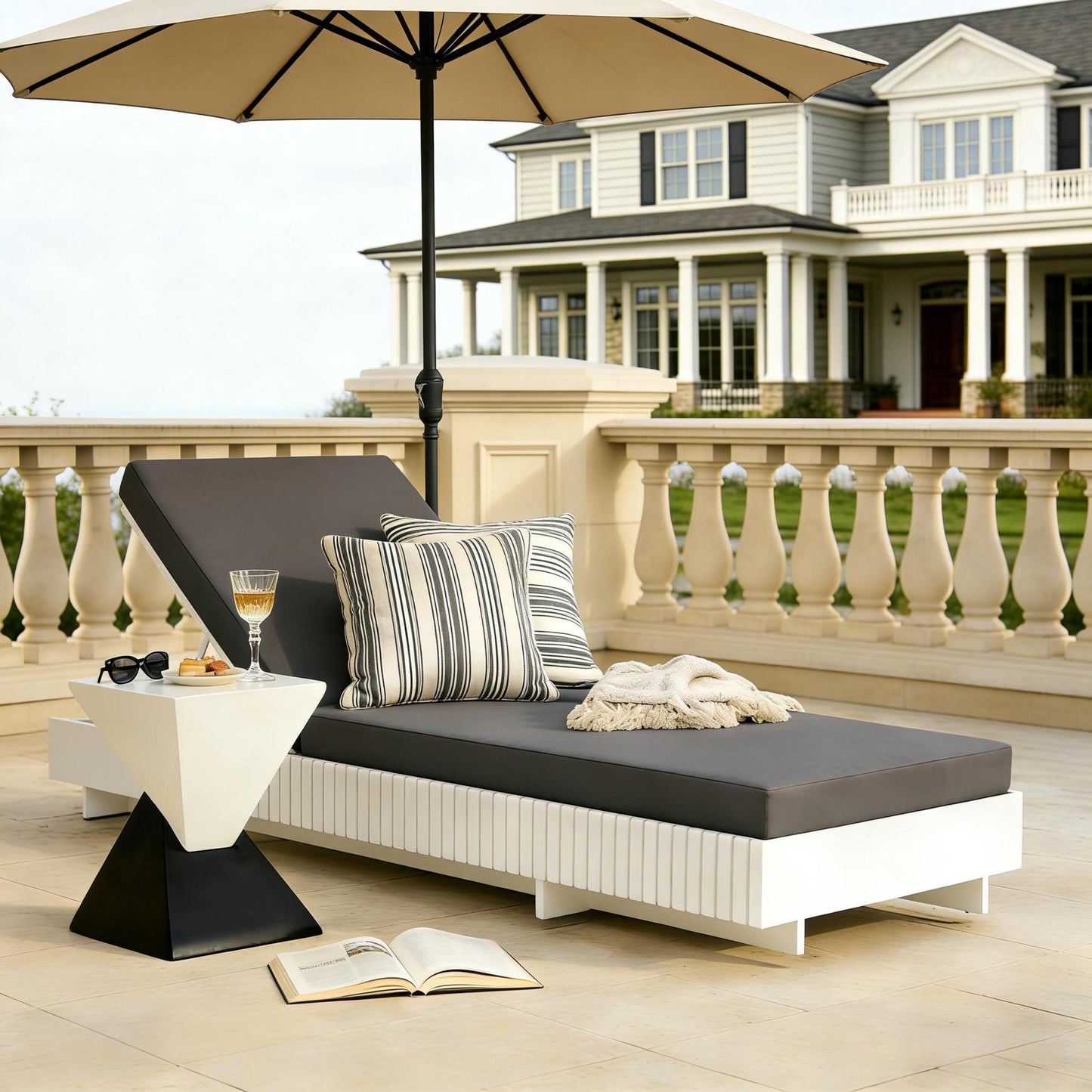 White Acacia Solid Wood Outdoor Chaise Lounge with Dark Grey Water-Repellent Cushion, 400lbs Capacity, Modern Patio Sun Lounger for Garden, Poolside