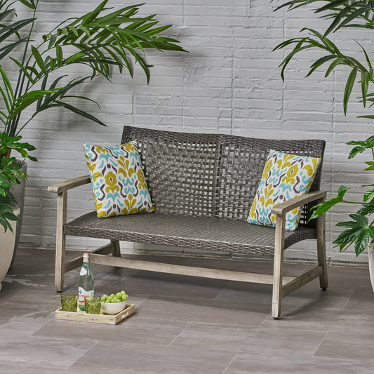 HAMPTON Outdoor Acacia Wood Wicker Loveseat, Patio Furniture Conversation Set for Backyard