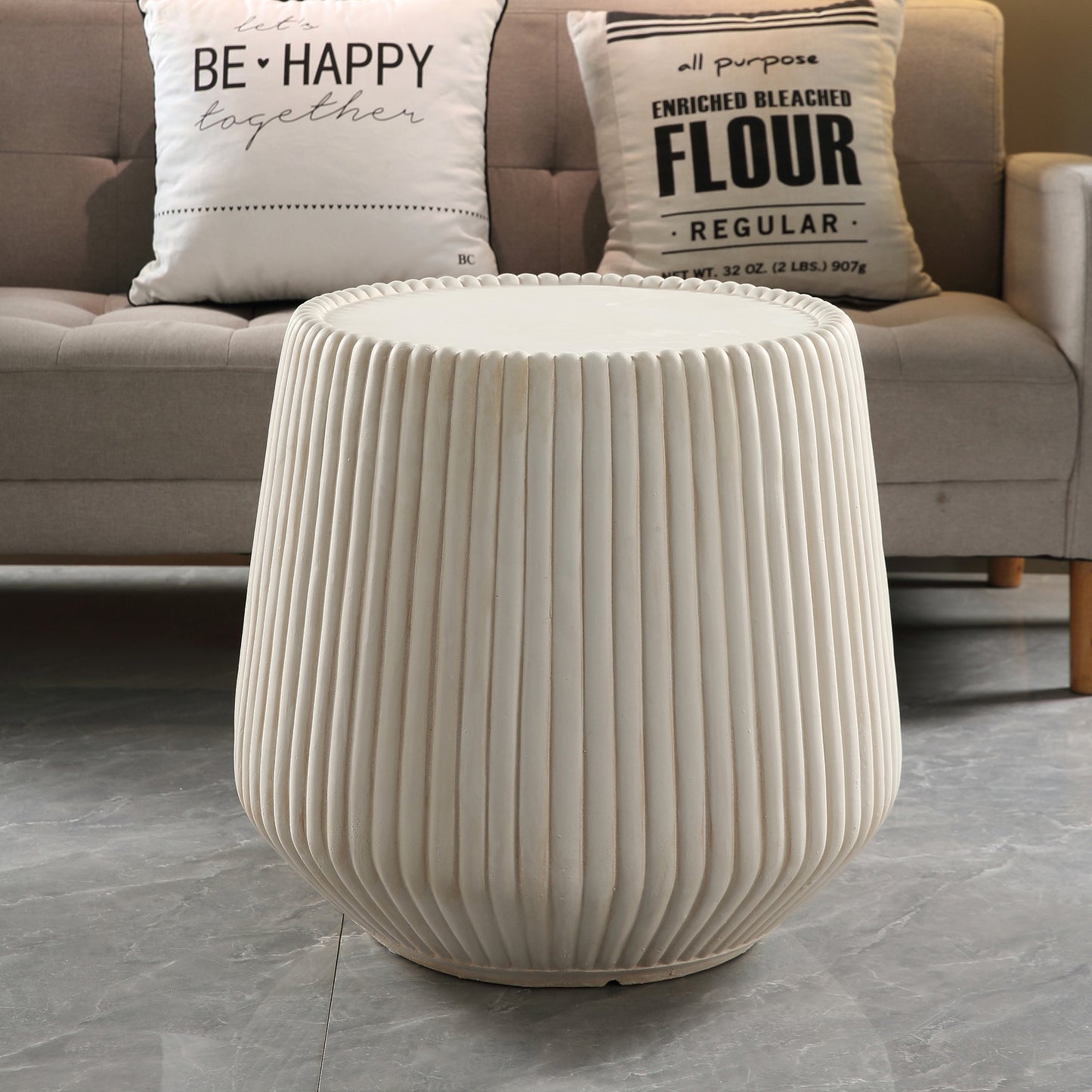 Off-White Magnesium Oxide Fluted Tapered Side Table  16.54" Top Diameter Round End Table