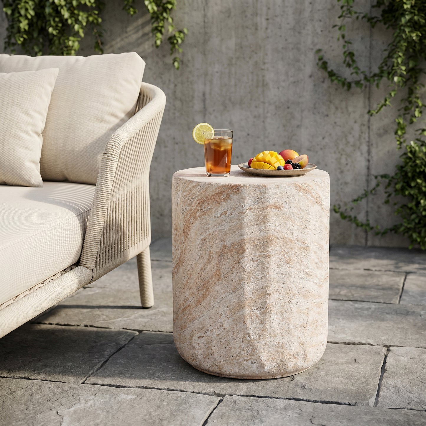 Outdoor/Indoor Lightweight Concrete Side Table,Cylinder Travertine Finish Accent Table