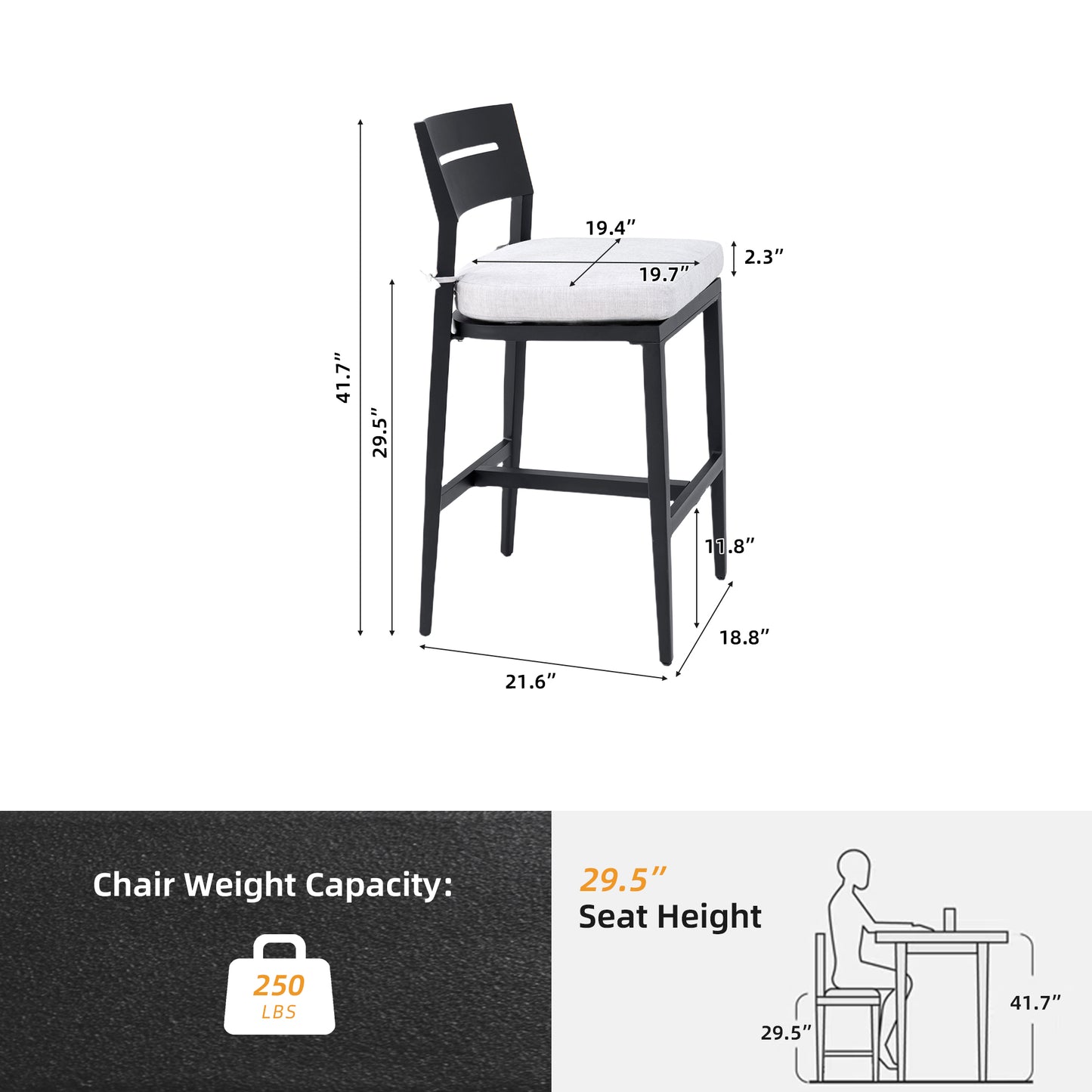 Modern Outdoor 2PC Bar Stools, Aluminum Patio Bar Chair with Ergonomic Backrest, Tapered Legs, Footrest, Ember Black, Sunbrella Cushion, Weather-Resistant, for Garden, Poolside, and Kitchen Island