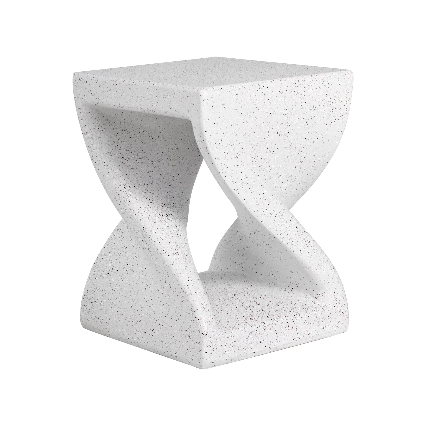 Outdoor White Marble Modern Twisted-Base Terrazzo-Speckled All-Weather MGO Side Table – Indoor End Table for Home, Office & Patio Decor