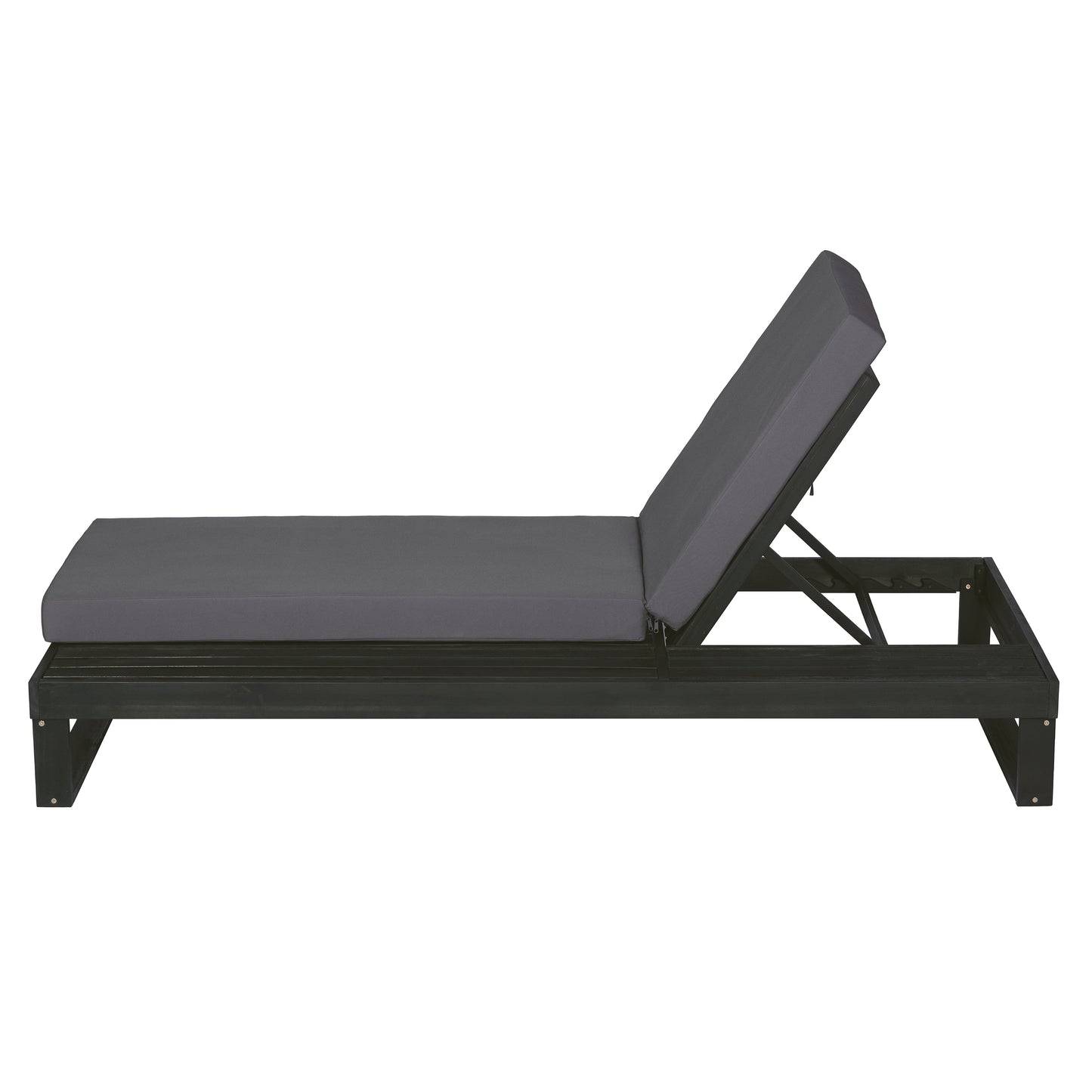 Black Acacia Wood Chaise Lounge with 4-Inch Dark Grey 2-Fold  Cushion Set, 4-Position Adjustable Outdoor Patio Lounger with Flat Side Surface, for Poolside- Matching cream version available