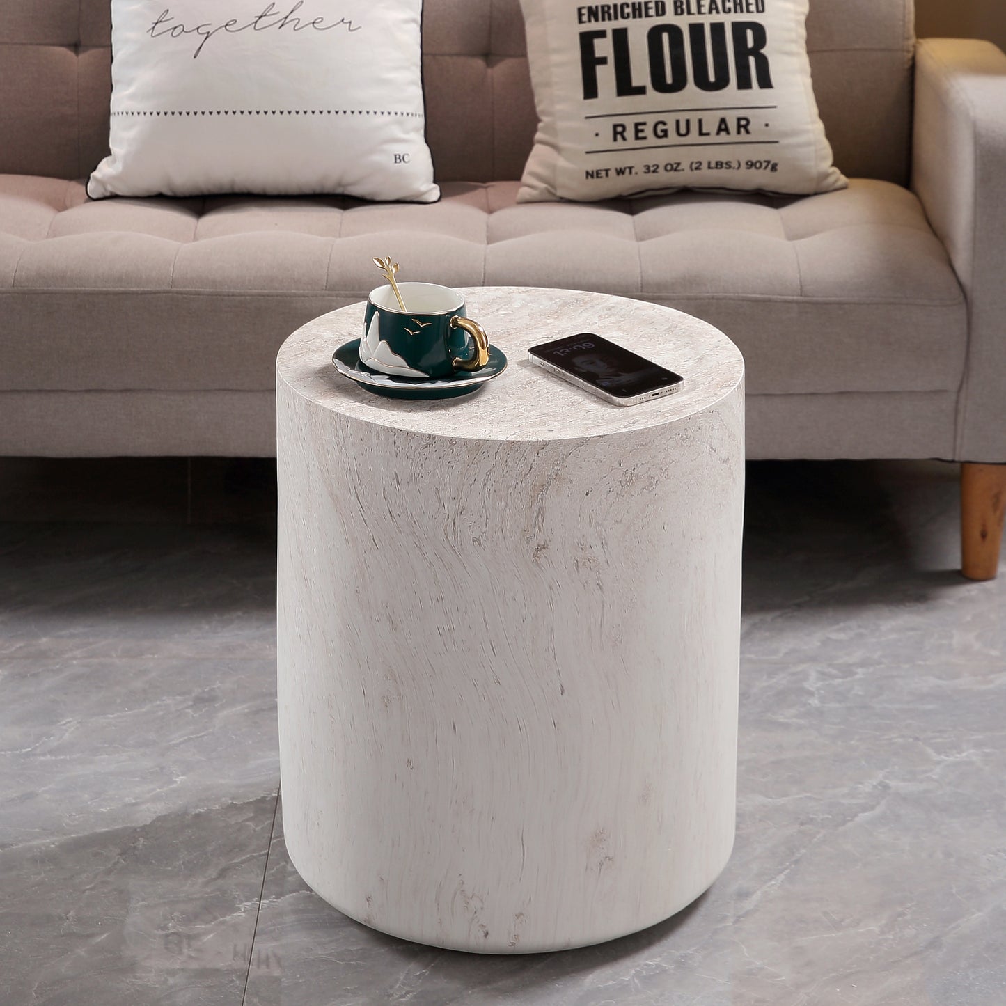 Light Travertine Finish Magnesium Oxide Drum Side Table   15.75" Diameter Round End Table