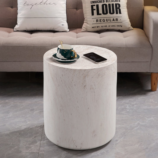 Light Travertine Finish Magnesium Oxide Drum Side Table   15.75" Diameter Round End Table
