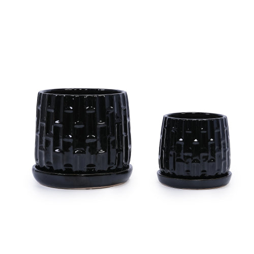 5 in. and 7 in. Black Garden Ceramic with Tray Planter (2-Pack)
