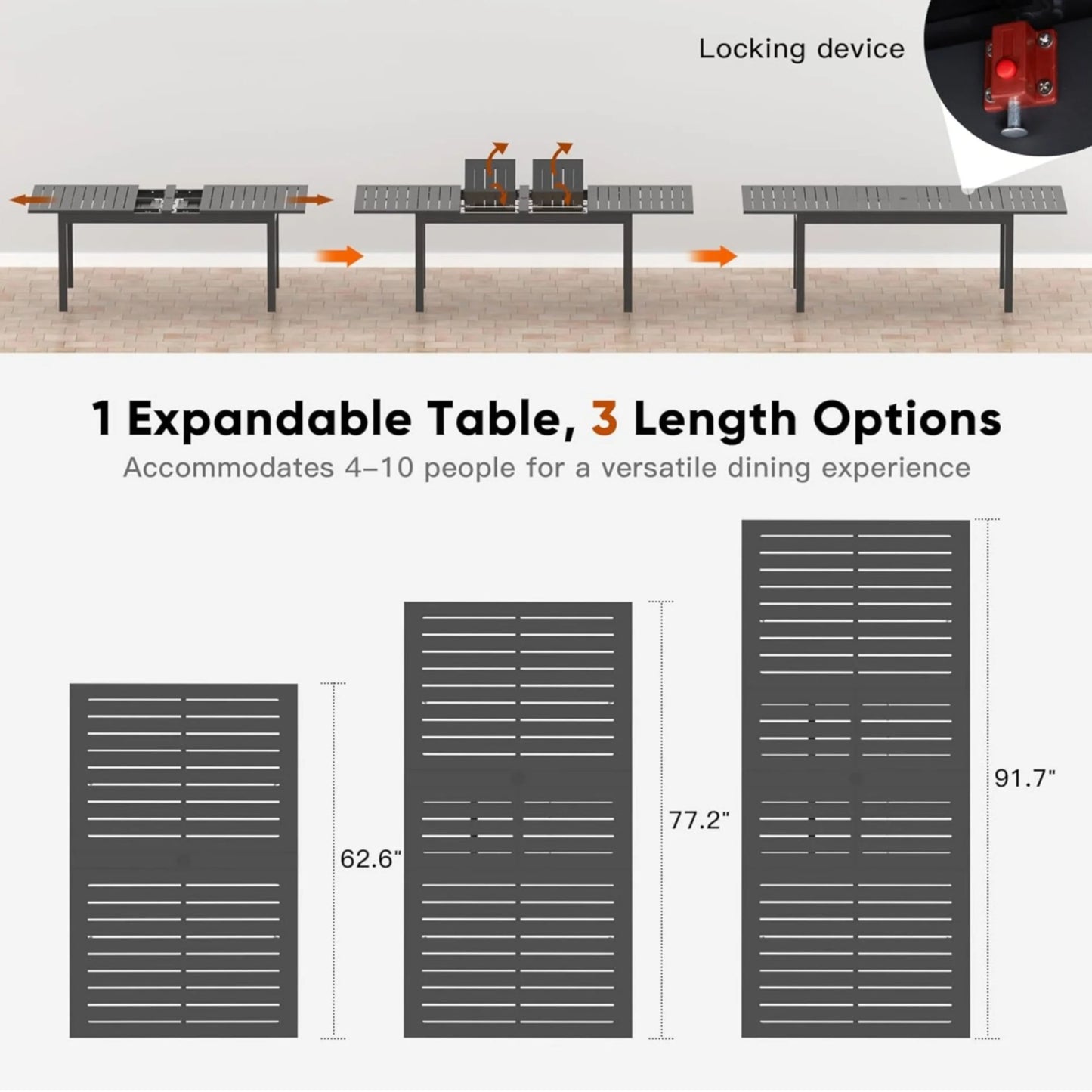 63"-92" Extendable Aluminum Outdoor Dining Table, All-Weather Gray Patio Table