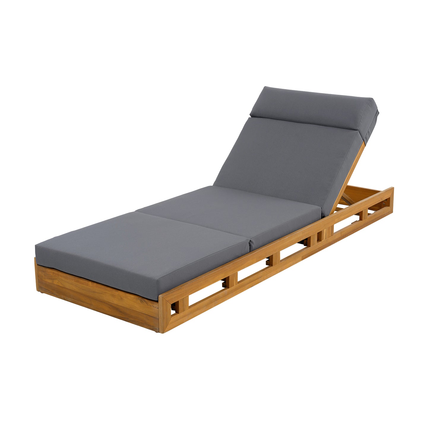 LOUNGE CHAISE SET WITH HEADREST, ACACIA WOOD WITH WATER-RESISTANT LOUNGE CUSHIONS (DARK GREY & 3-FOLD & 4 inch) - MATCHING CREAM/BEIGE VERSION AVAILABLE