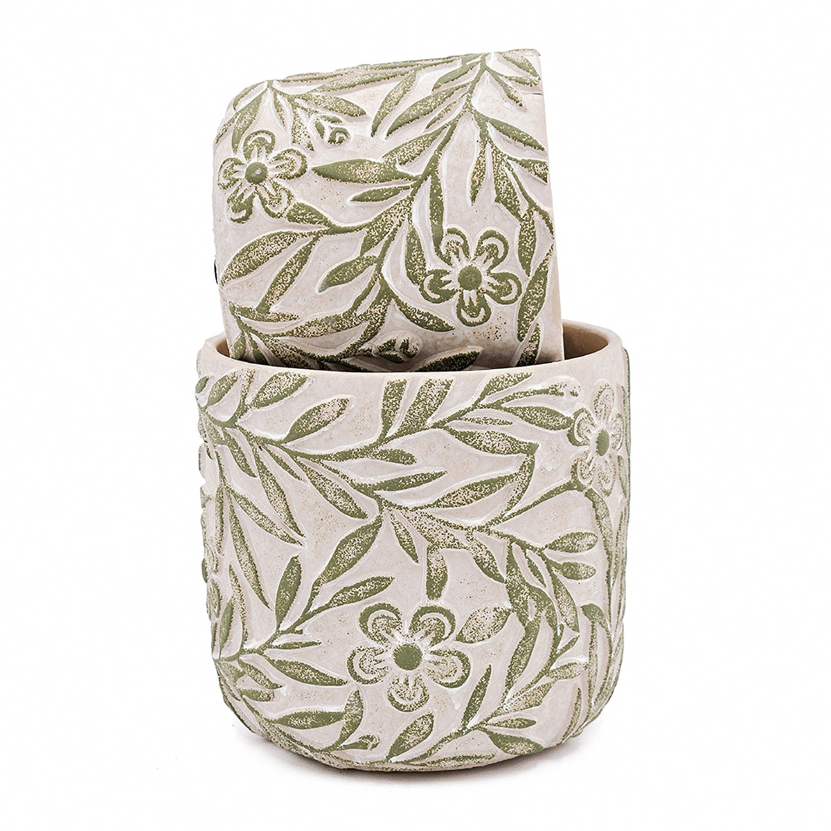S/2 Gray Sand and Cement Planters with Etched Green Floral Motif, L:D6.7x6.3" S:D5.5x5"