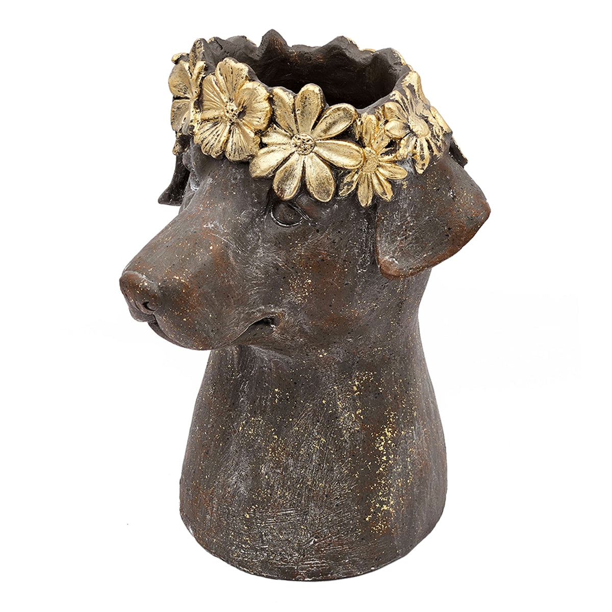 9.3x9.3x13" Magnesium Dog Statue Planter with Textured Brown Finish and Gold Leaf Crown