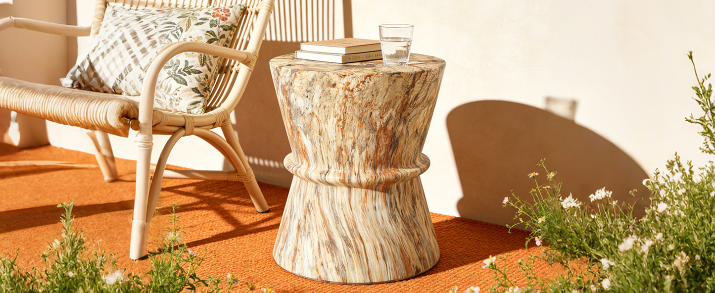 U_Style Hourglass shape Outdoor Side Table, Concrete Contemporary Lightweight Accent Table with Simulated stone texture , Outdoor Accent End Table for Livingroom, Garden,