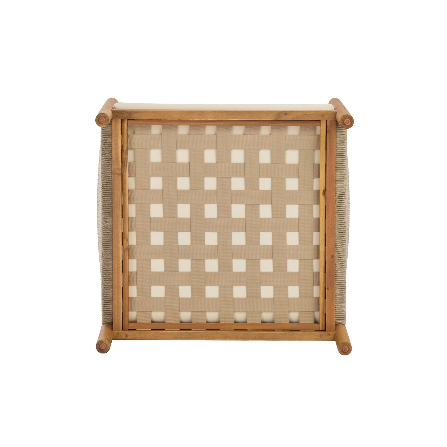 Outdoor Club Chair with Acacia Wood Frame in Teak Look, Beige Rope Panels and Cream Cushions