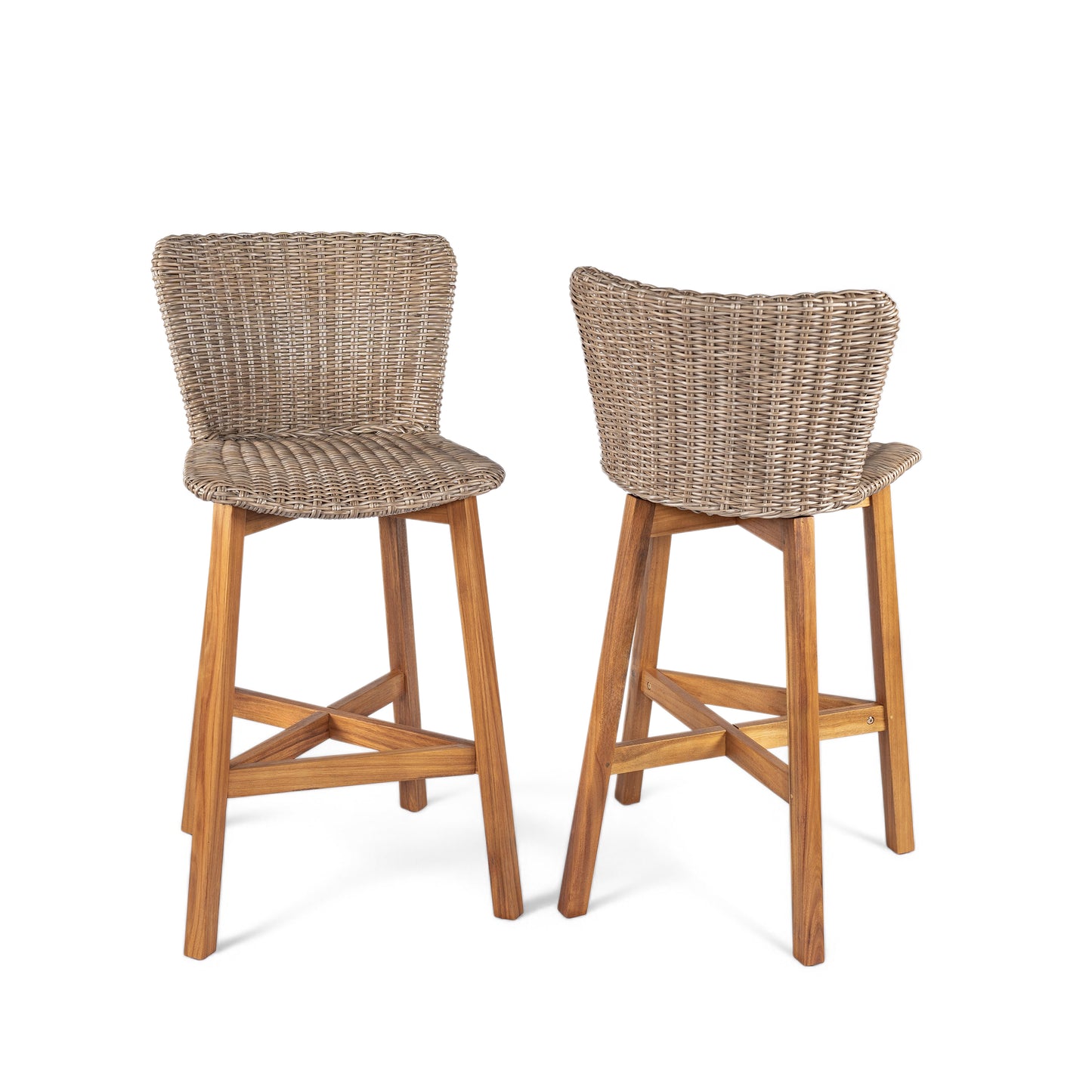 Lymington Outdoor Bar Stool, Teak Finished Wood with Light Brown Wicker, Set of 2