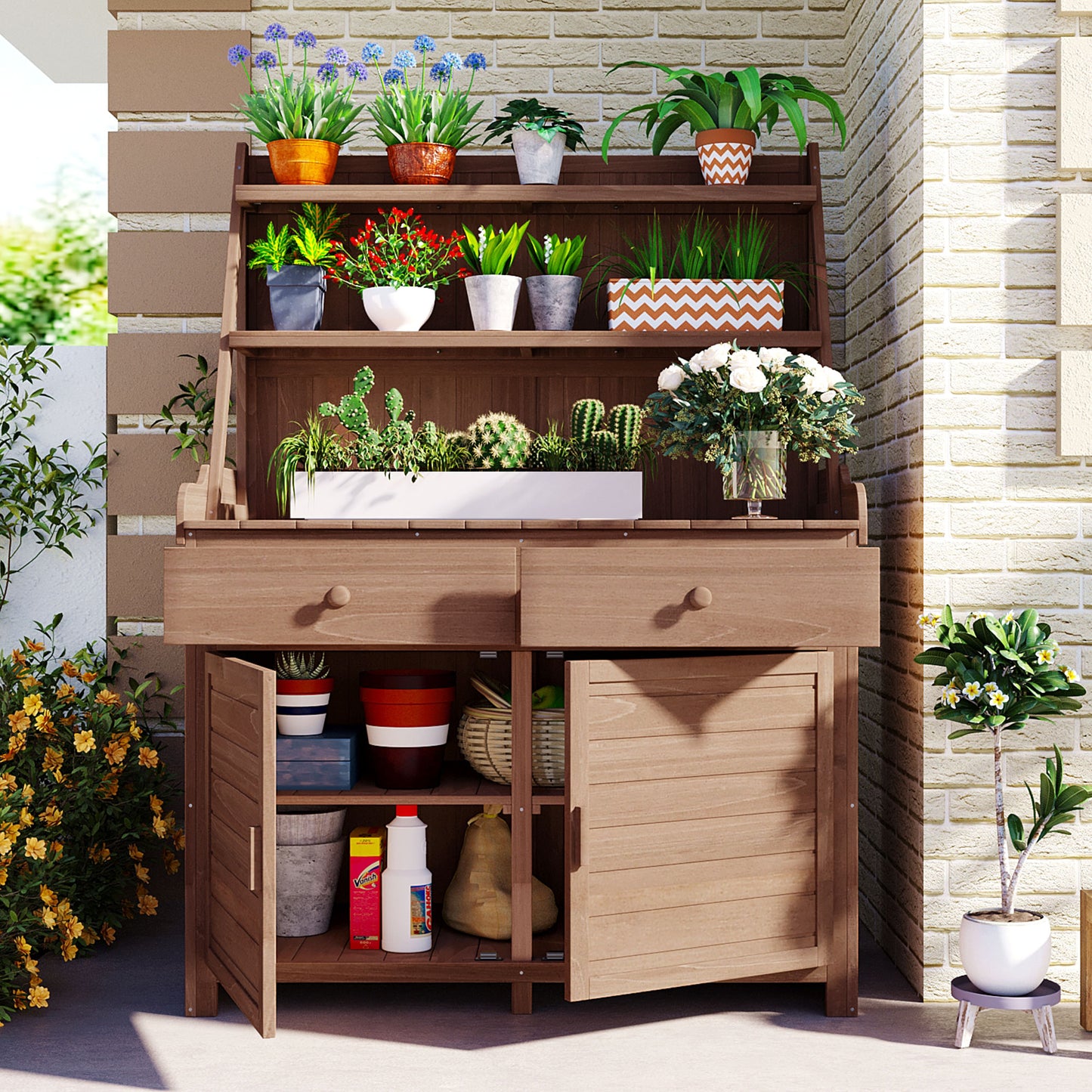 [Assembly Video Provided] TOPMAX 65inch Garden Potting Bench Table, Fir Wood Workstation with Storage Shelf, Drawer and Cabinet, Brown