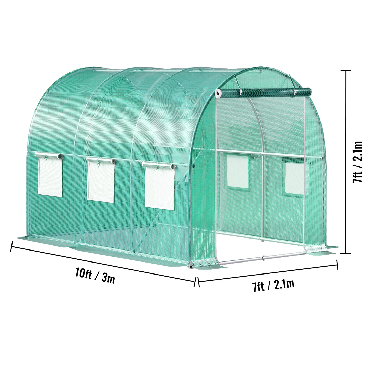 Walk-in Tunnel Greenhouse, 9.8 x 6.6 x 6.6 ft Portable Plant Hot House w/ Galvanized Steel Hoops, 1 Top Beam, Diagonal Poles, Zippered Door & 6 Roll-up Windows, Green