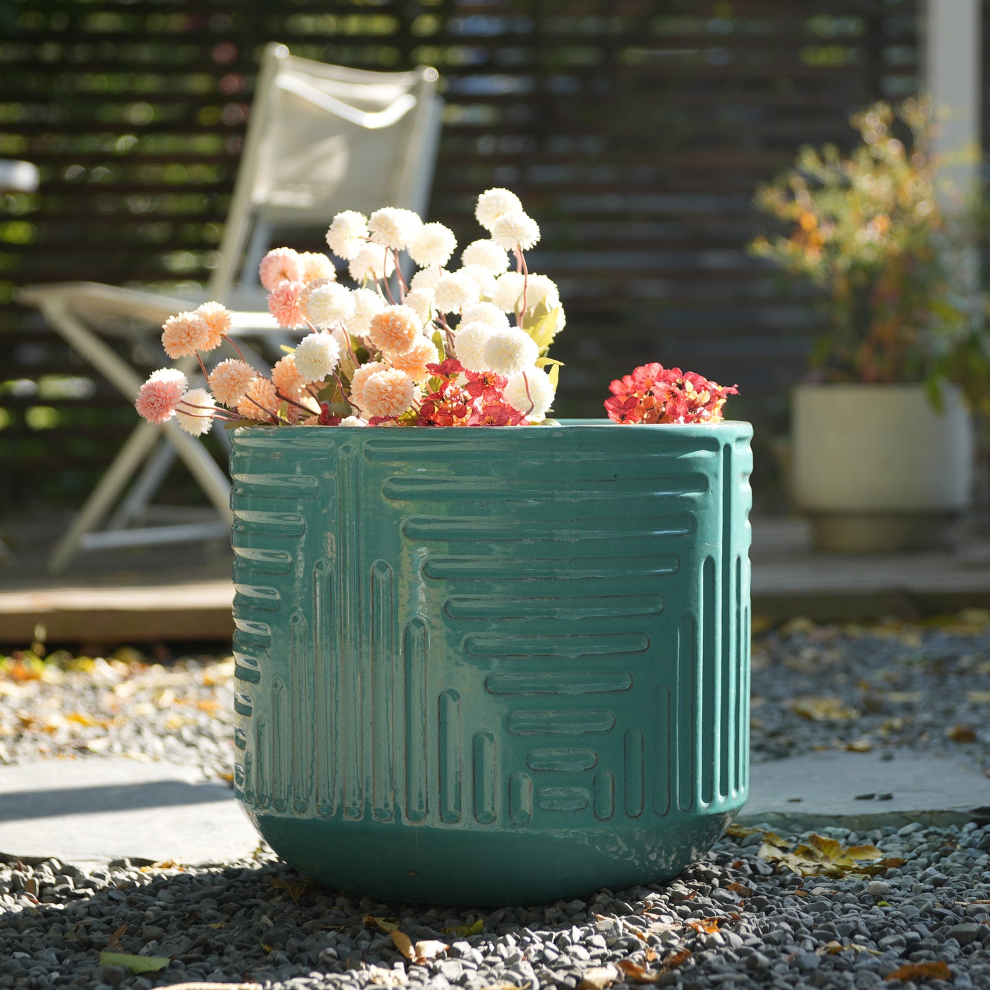 Handmade Ceramic Planter, 16 Inch Diameter, Teal Green with Textured Groove Pattern, for Monstera and Fiddle Leaf Fig, Indoor/Outdoor Doorway Use, Breathable Clay