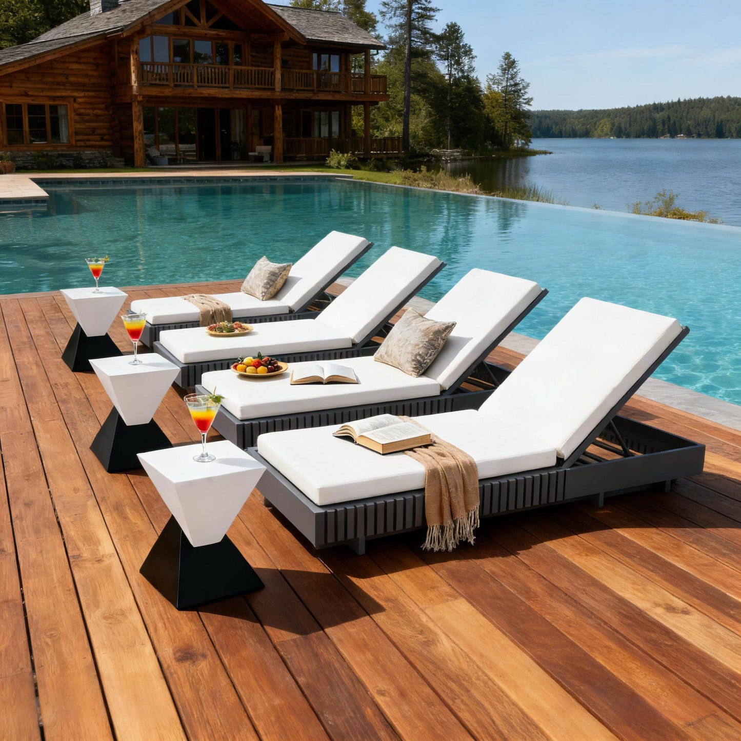 Dark Gray Acacia Solid Wood Outdoor Chaise Lounge with Cream Water-Repellent Cushion, 400lbs Capacity, Modern Patio Sun Lounger for Garden, Poolside