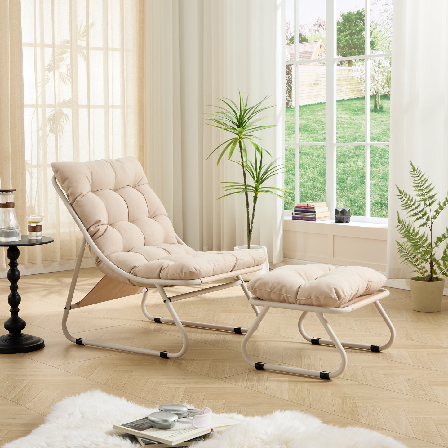 Patio Outdoor Lounge Chair with Ottoman, Comfy Sling Recliner Chair with Puffy Cushion and Foot Stool, Ideal for Living Room, Bedroom, Reading Room, Beige frame with beige cushion