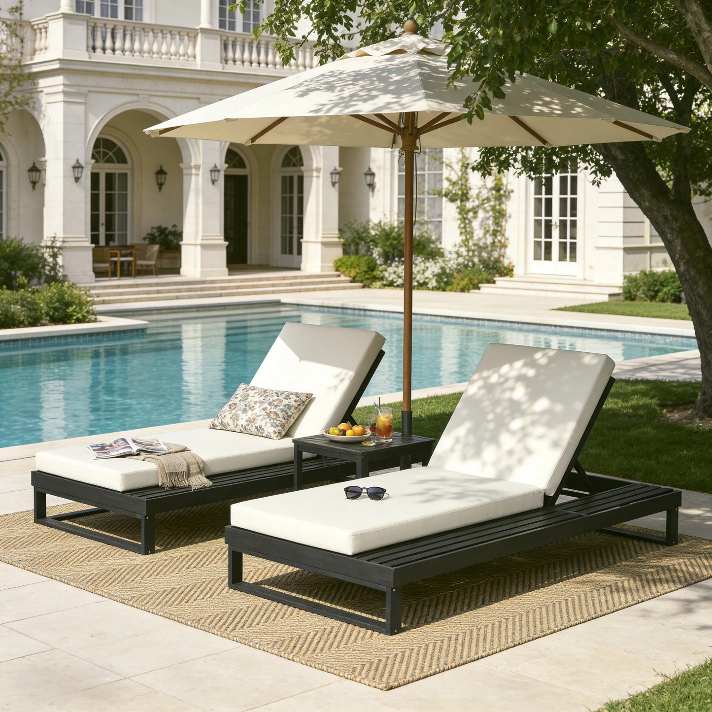 Black Acacia Wood Chaise Lounge with 4-Inch Cream 2-FoldCushion Set, 4-Position Adjustable Outdoor Patio Lounger with Flat Side Surface, for Poolside- Matching dark  grey version available