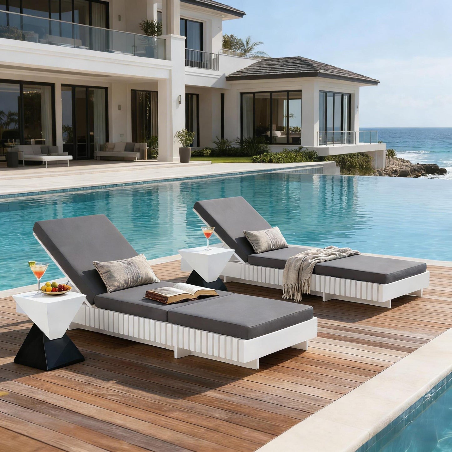 White Acacia Solid Wood Outdoor Chaise Lounge with  Dark Grey 3-Fold Water-Repellent Cushion, 400lbs Capacity,  Modern Patio Sun Lounger for Garden, Poolside