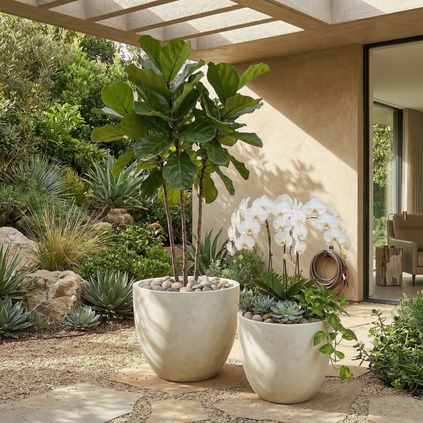 Round Concrete Planter Set of 2, Large Outdoor Indoor Handmade Rustic Decorative Planter Pots with Drainage Holes for Home Garden Patio, 15" x 13" & 18" x 14"  (white)