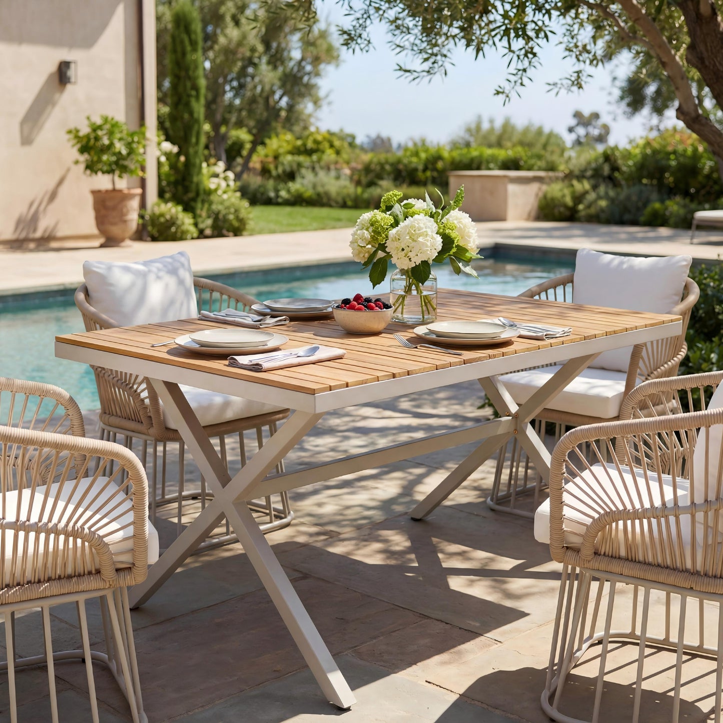 Teak Wood Top with Beige Steel Frame Outdoor Dining Table, 55.12" Rectangular Patio Table with X-Shaped Legs, Weather-Resistant for Backyard, Garden, Deck and Poolside