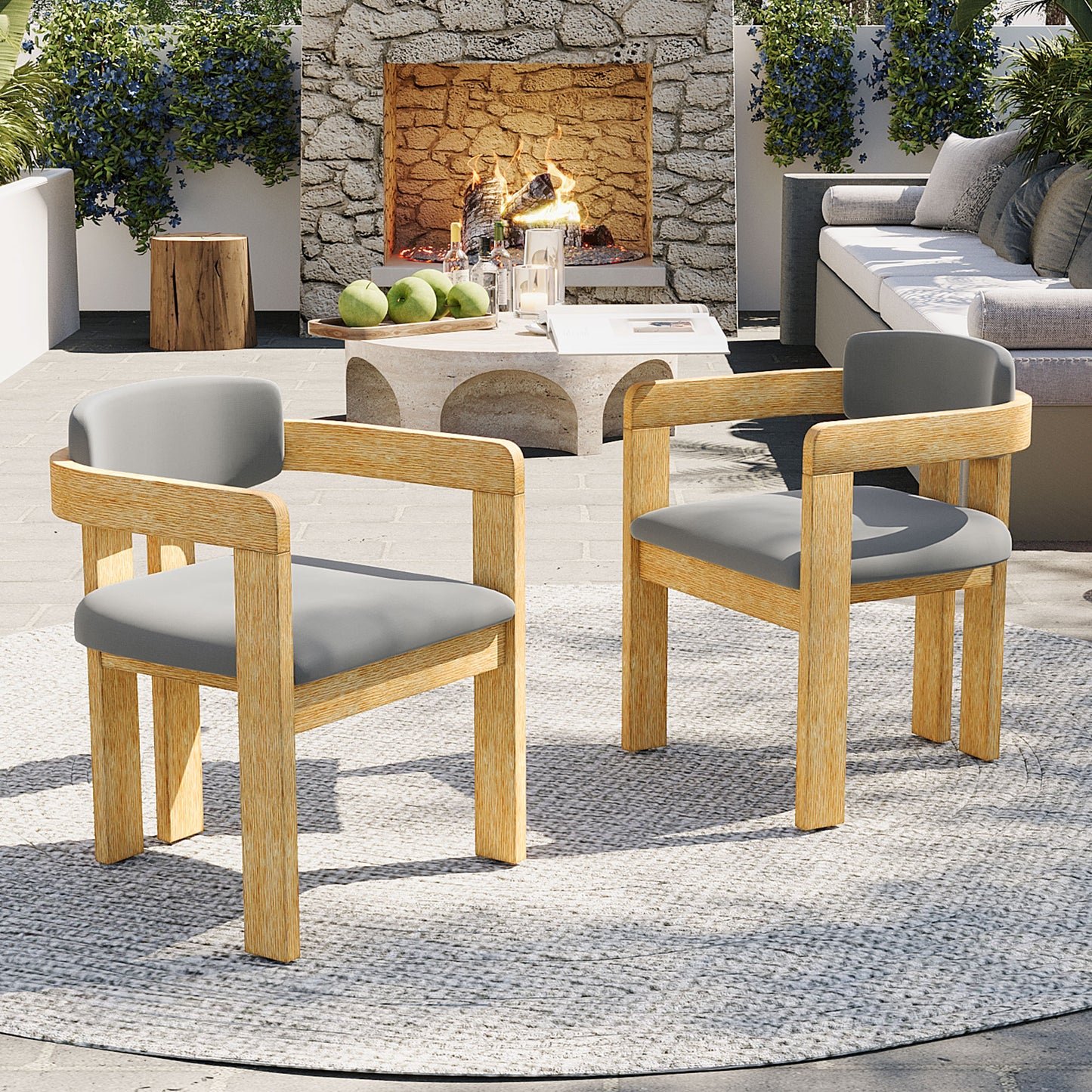 Set of 2 Outdoor Acacia Wood Dining Chairs with Cushions, Modern Solid Wood Armchairs with Weather-Resistant Upholstery for Patio, Garden, Balcony & Backyard,Grey Cushion